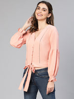 Perfect Peach Button -Down Tie -Knotted Women Top