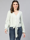 Sober Green Button -Down Tie -Knotted Women Top