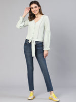 Sober Green Button -Down Tie -Knotted Women Top