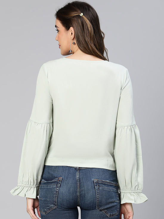 Sober Green Button -Down Tie -Knotted Women Top