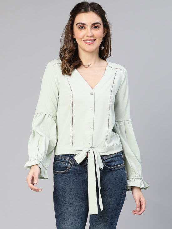 Women green button -down lace detail tie -knotted polyester top