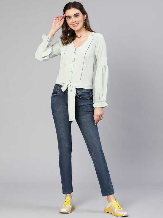 Women green button -down lace detail tie -knotted polyester top