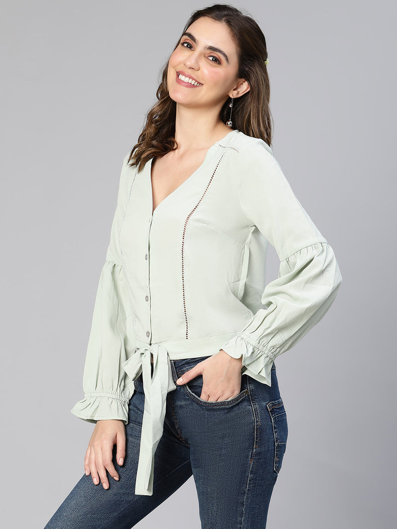 Women green button -down lace detail tie -knotted polyester top