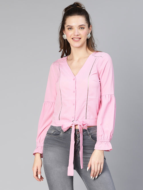 Soppy Pink Button -Down Tie -Knotted Women Top