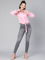 Soppy Pink Button -Down Tie -Knotted Women Top