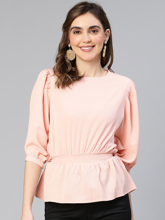 Steezy Peach Smocked Puffed Sleeve Women Top