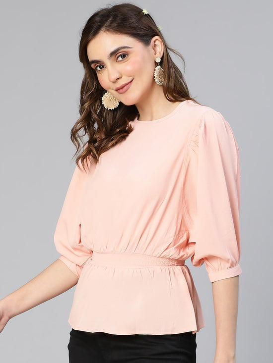 Steezy Peach Smocked Puffed Sleeve Women Top