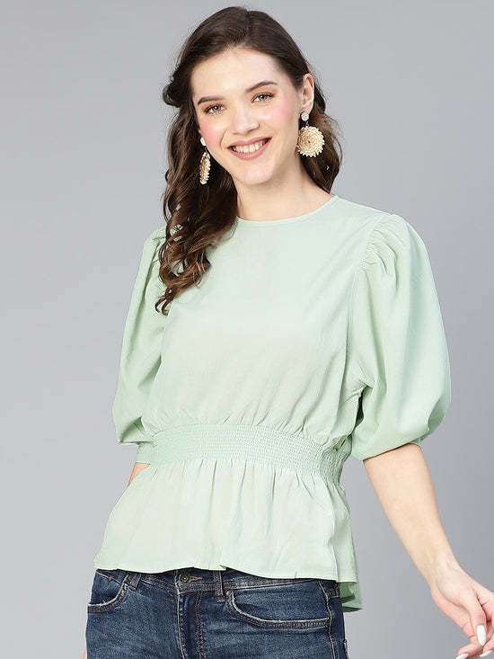 New Light Green Smocked Puffed Sleeve Women Top