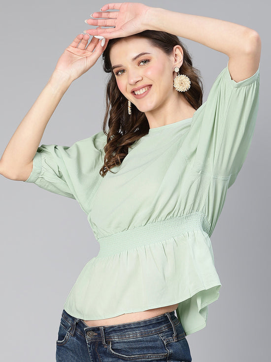 New Light Green Smocked Puffed Sleeve Women Top