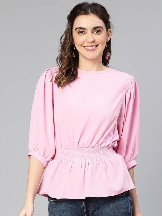 Roaster Pink Smocked Puffed Sleeve Women Top