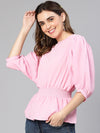 Women pink smocked puffed sleeve polyester top