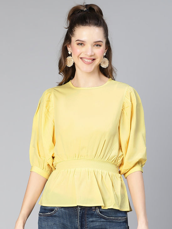 Beautify Yellow Smocked Puffed Sleeve Women Top