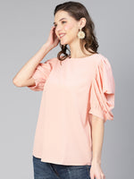 Women solid pink puff sleeve polyester top