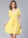 Women solid yellow button -down with pockets polyester tie knot dress