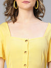 Women solid yellow button -down with pockets polyester tie knot dress