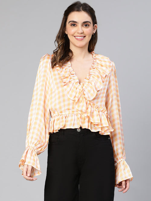 Organic Orange Check Print Ruffled Women Top