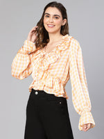 Organic Orange Check Print Ruffled Women Top