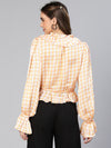 Organic Orange Check Print Ruffled Women Top