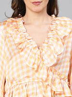 Organic Orange Check Print Ruffled Women Top