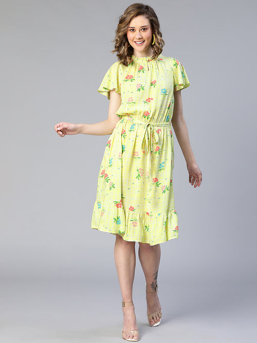 Modish Lime Floral Print Tie-Knot Belted Women Dress