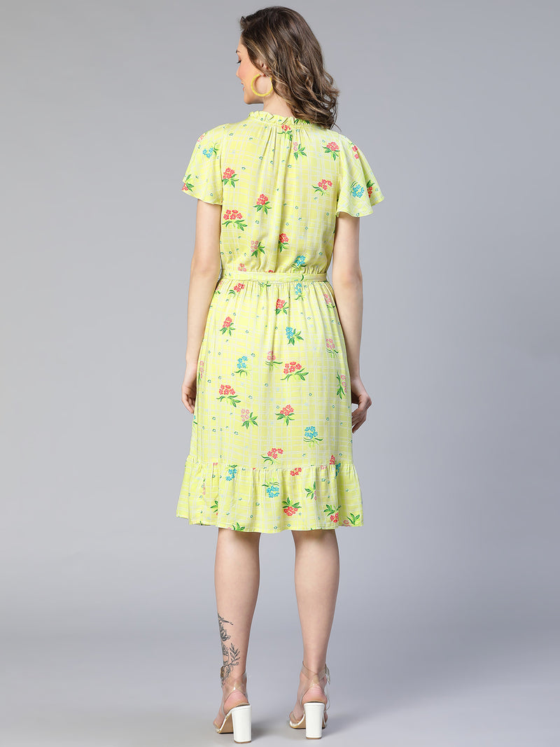 Modish Lime Floral Print Tie-Knot Belted Women Dress