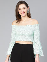 Featured Light Green Dot Print Smocked Women Off - Shoulder Top