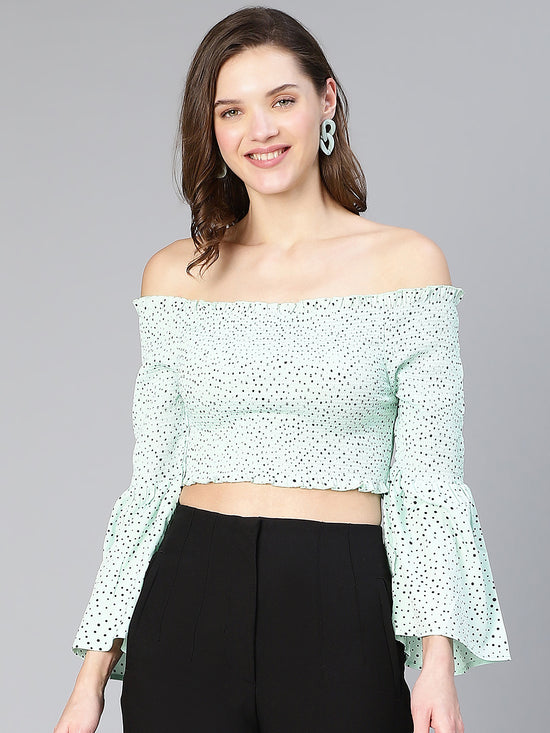 Featured Light Green Dot Print Smocked Women Off - Shoulder Top