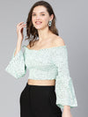 Women light green polyster dot print smocked off - shoulder top