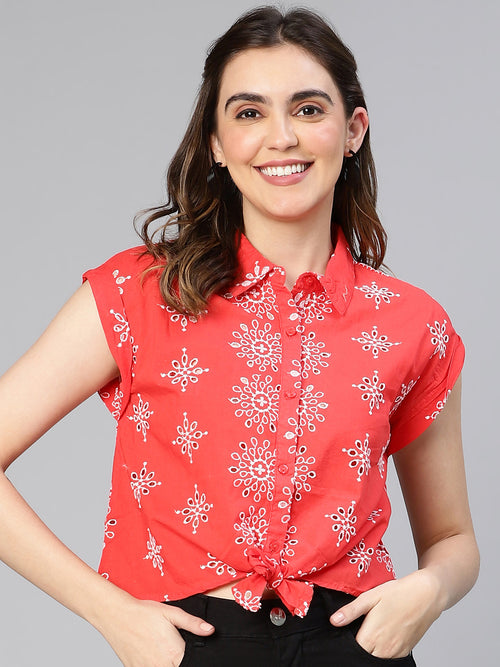 Summer Red Floral Print Tie-Knotted Women Cotton Shirt