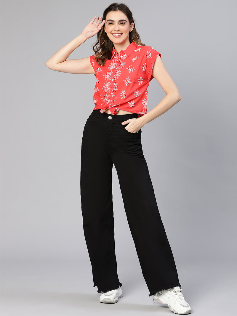 Women red floral print tie-knotted cotton shirt