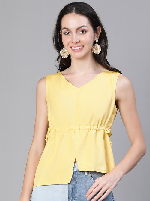 Women yellow tie knot detail sleeveless cotton linen top