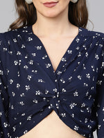 Women navy floral print gathered pleate polyester crop top