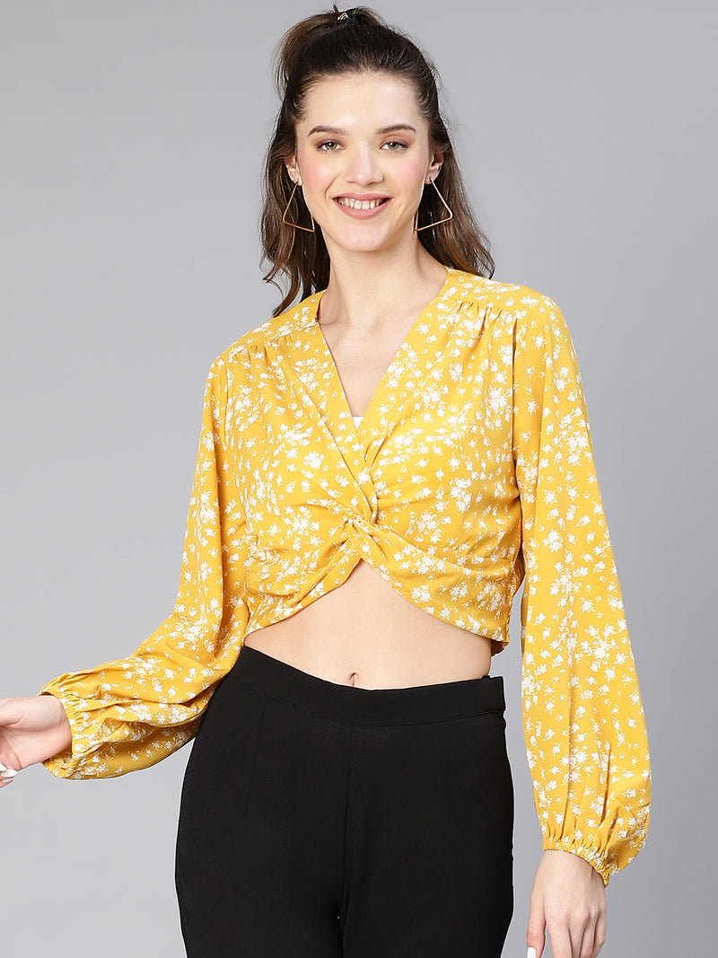 Shined Yellow Floral Print Gathered Pleate Women Crop Top