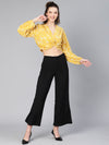 Shined Yellow Floral Print Gathered Pleate Women Crop Top