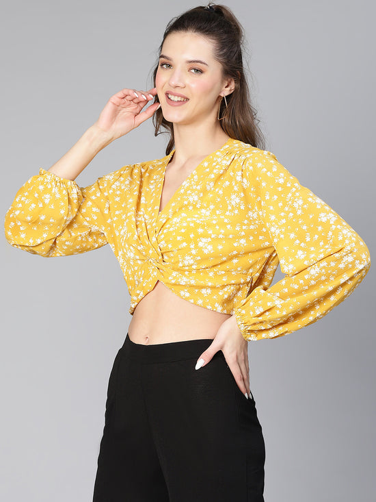 Shined Yellow Floral Print Gathered Pleate Women Crop Top