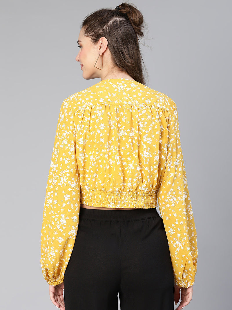 Shined Yellow Floral Print Gathered Pleate Women Crop Top