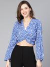 Hard Blue Floral Print Gathered Pleate Women Crop Top