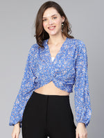 Women blue floral print gathered pleate polyester crop top
