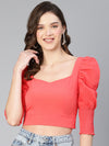 Coral Bright Puff Sleeved Women Crop Top