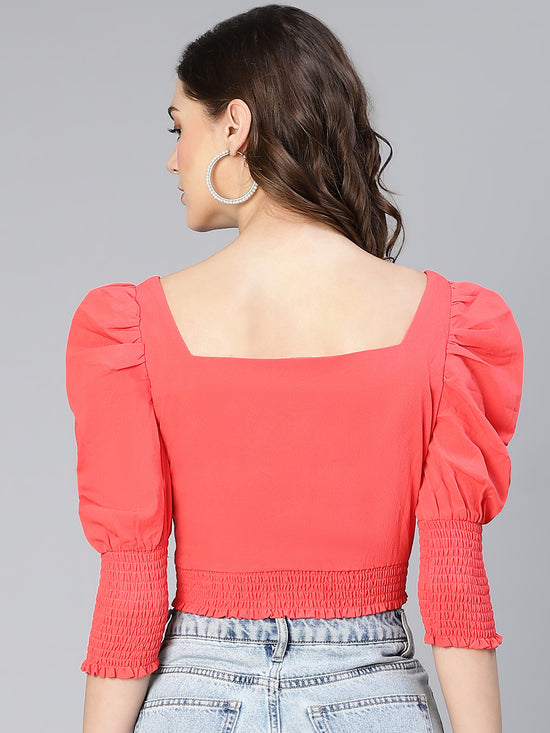 Coral Bright Puff Sleeved Women Crop Top