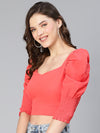 Women Coral bright puff sleeved polyester crop top