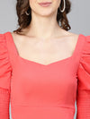 Women Coral bright puff sleeved polyester crop top