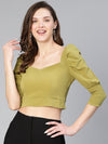 Crazy Khaki Puff Sleeved Women Crop Top