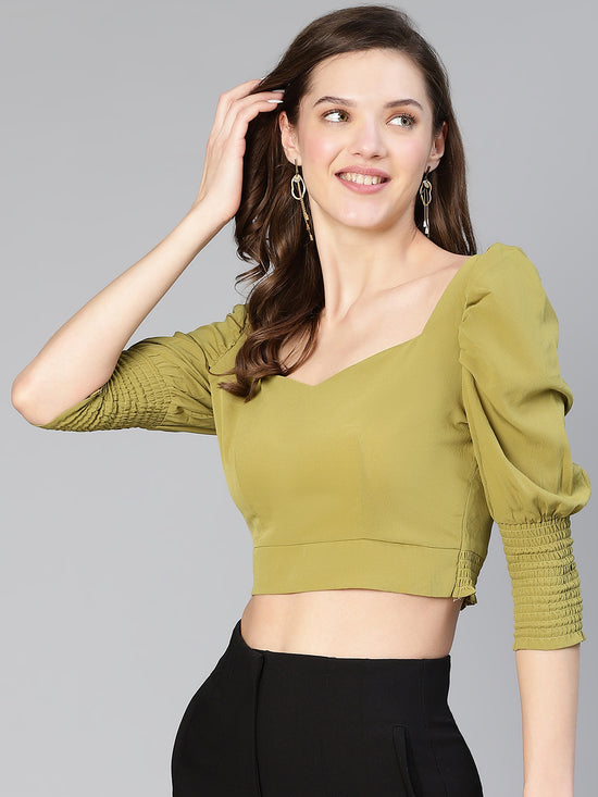 Crazy Khaki Puff Sleeved Women Crop Top