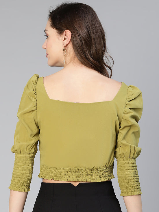 Crazy Khaki Puff Sleeved Women Crop Top