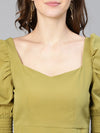 Women solid khaki puff sleeved polyester crop top