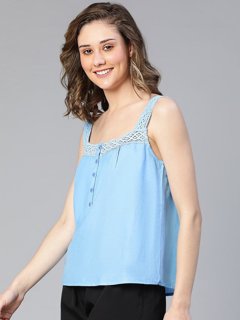 Flounce Blue Laced With Buttons Women Cotton Nightwear Top