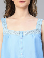 Flounce Blue Laced With Buttons Women Cotton Nightwear Top