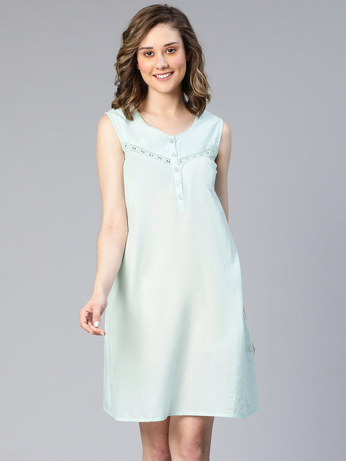 Muzzy Mint Button -Up With Lace Women Nightwear Cotton Dress