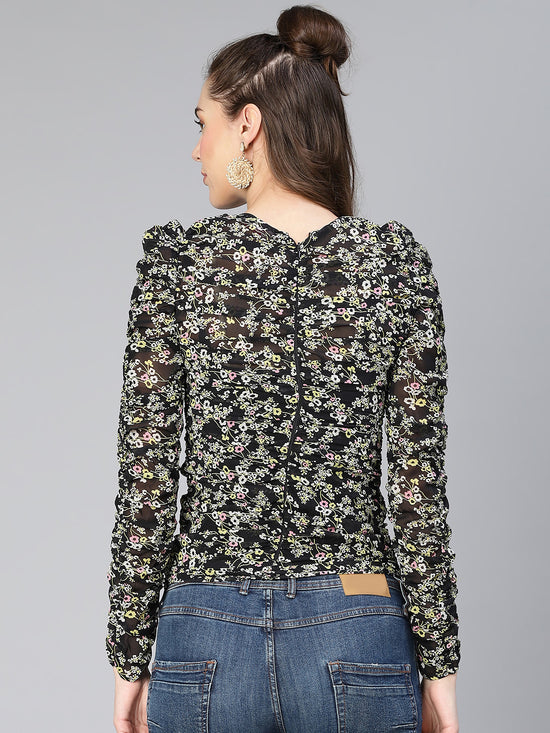 Strom Black Floral Print Garthered Pleated Women Crop Top